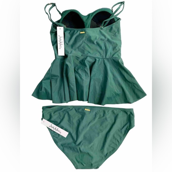 Nicole Miller 2Piece Bandeau Peplum Tankini Wicross Front Swim Green Woman’s M - Picture 6 of 13